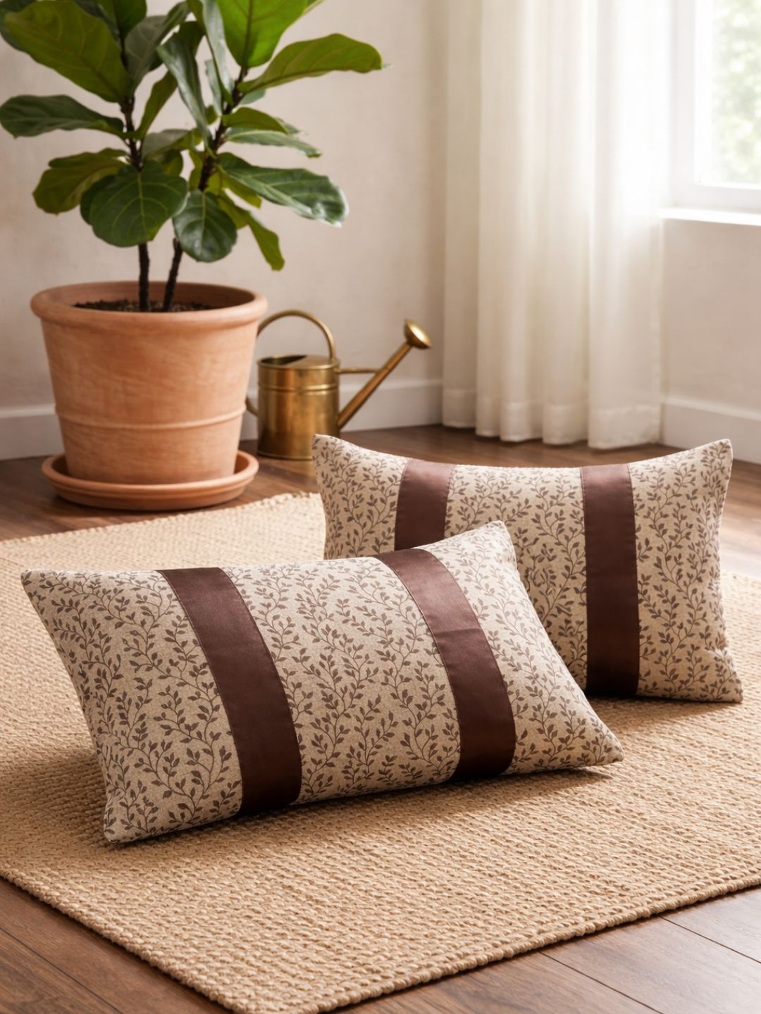 Set of 2 assorted design premium jacquard cotton decorative mix and match design brown color, 2 pc pillow cover - 17"x27"