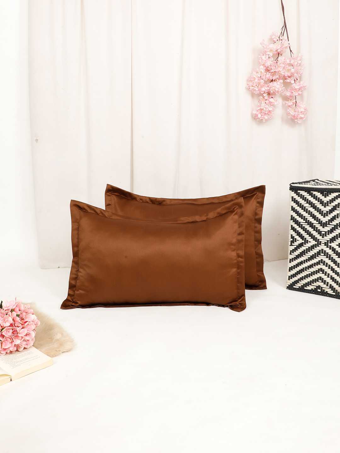 Pure mercerized premium Silky Satin with Flange border solid design Coffee color pillow cover - 17"x27"