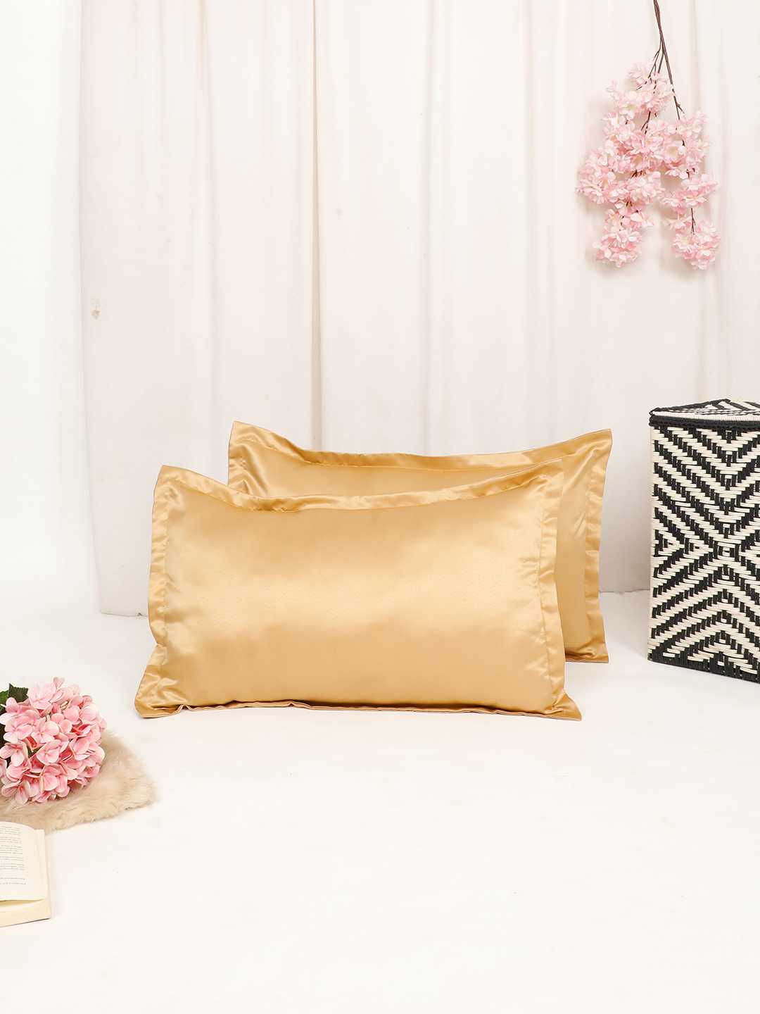 Pure mercerized premium Silky Satin with Flange border solid design Gold color pillow cover - 17"x27"