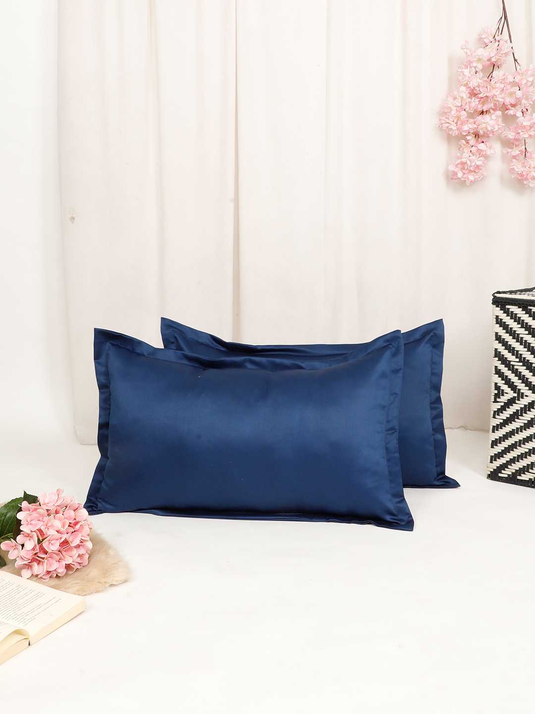 Pure mercerized premium Silky Satin with Flange border solid design Denim Blue color pillow cover - 17"x27"