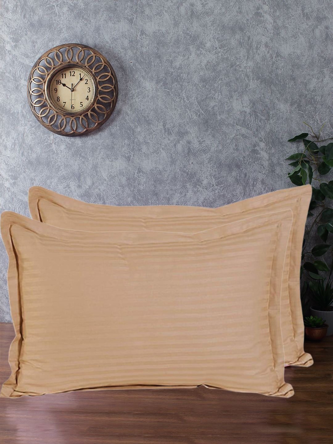 Premium pure mercerized Cotton Satin Stripes, 210 TC with flange edge, soft finish beige color, Pillow Cover - 17"x27"